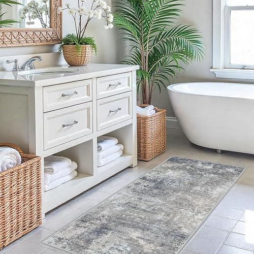 2x6 Non-Slip Washable Kitchen Runner Rug – Modern Coastal Abstract Carpet Runner for Hallway Bedroom Bathroom Laundry Room Entryway – Low-Pile Thin Rubber Backed (Blue Gray 2x6) - color: Blue Gray, size: 2' x 6' (Rectangular)