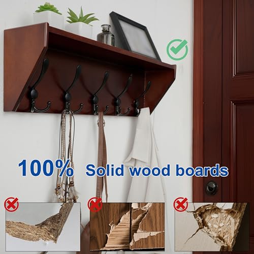 WEBI Coat Rack Wall Mount with Shelf,24" Long Wall Shelf with Hooks Underneath,5 Triple Hooks for Entryway,Hallway,Bedroom,Cherry - color: Cherry, size: 24 Inch