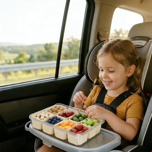 Snackle Box Container Portable - Large 8-Compartment Divided Serving Tray with Lid and Handle, Grab and Go Snack Containers Reusable for Travel and Outdoor Camping, Leak-Proof, BPA-Free