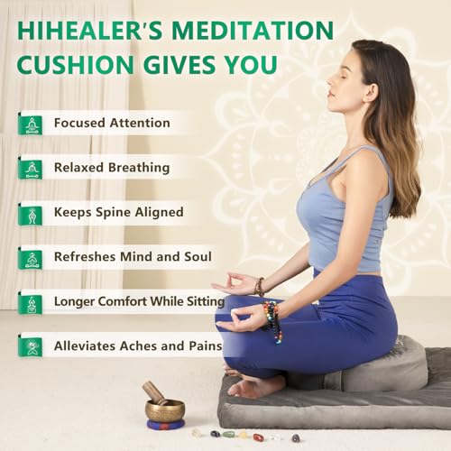 Hihealer Meditation Cushion, Traditional Tibetan Meditation Pillow Velvet Cover - Large Floor Cushion Seating for Adults - Yoga Buckwheat Bolster for Women、Moms - color: Calmly Grey & White