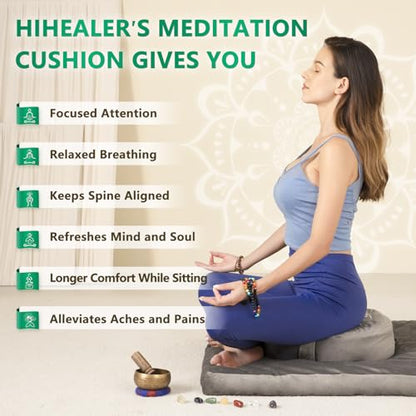 Hihealer Meditation Cushion, Traditional Tibetan Meditation Pillow Velvet Cover - Large Floor Cushion Seating for Adults - Yoga Buckwheat Bolster for Women、Moms - color: Calmly Grey & White