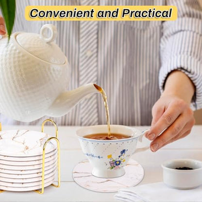 9 Pieces Ceramic Drink Coasters with Holder, Billbotk Absorbent Drink Coasters for Coffee Table, Marble Style Coasters Wooden Table, Suitable for Kinds of Cups, 4 Inches - color: Gold White