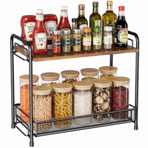 Spice Rack Organizer for Countertop with Wood Top, 2-Tier Foldable Metal Rust-Proof Standing Large Seasoning Storage Shelf with Guardrail & Mesh Design for Kitchen Cabinet Living Room, Black - size: Black-1 pack (with Wood Top)