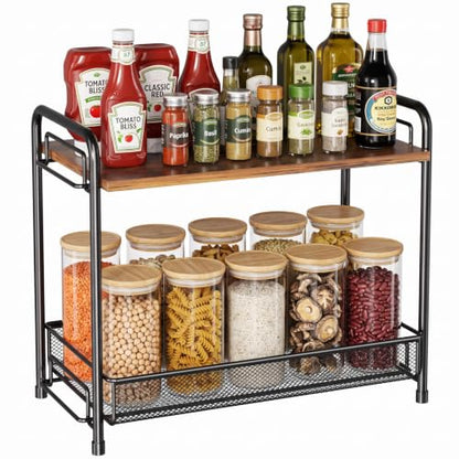 Spice Rack Organizer for Countertop with Wood Top, 2-Tier Foldable Metal Rust-Proof Standing Large Seasoning Storage Shelf with Guardrail & Mesh Design for Kitchen Cabinet Living Room, Black - size: Black-1 pack (with Wood Top)