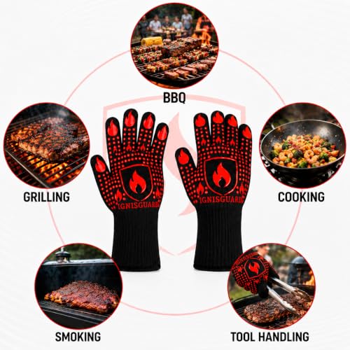 IGNISGUARD® BBQ Gloves, Heat Resistant Grill Gloves, 1 Pair, Red (L) | EN407:2020 tested with textured silicone grip, three-layer construction and long knit cuff for added wrist coverage. - color: Red, size: Large
