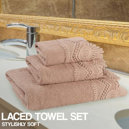 Zahari Home 3 Piece Laced Towel Set - Stylish Soft Plush Cotton Towels with Hand Towel & Washcloth - Highly Absorbent Towels for Bathroom, Gym, Hotel & Spa (Crochet Blush) - color: Crochet-blush