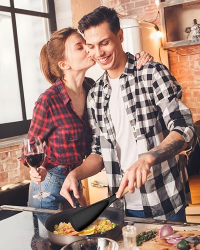 Multifunction Spoon for Nonstick Cookwares, Great for Cooking and Serving, Sturdy BPA-Free Matte Silicone, Wood Handle Spoonula for Mixing, Scoop, and Scrape, Black(2 pack,11.4" & 13.4") - color: Black
