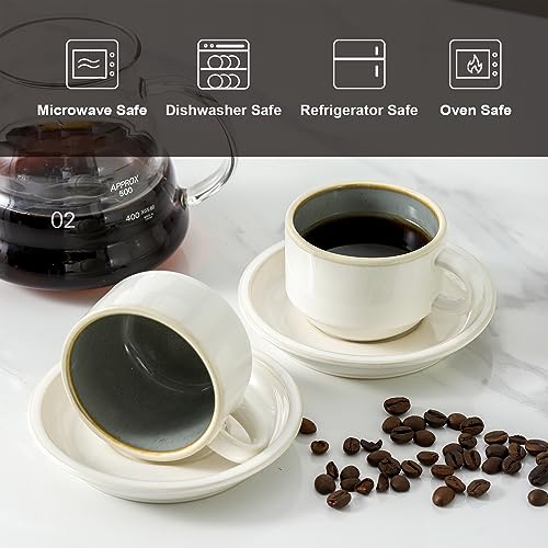 JIEMEI HOME Porcelain Stackable Espresso Cups with Saucers and Metal Stand, 4 Ounce Demitasse Cups for Specialty Coffee Drinks, Cafe Mocha Tea-Set of 4, Stackable Espresso Mugs, White & Green - color: White & Reed Green