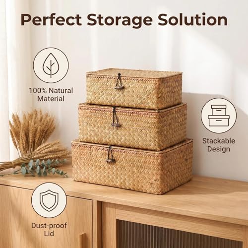 Wicker Handwoven Seagrass Storage Baskets for Organizing With Lids,boho rectangle decorative storage boxes, stackable natural rattan for Shelf,Closet,Bedroom,bathroom,three-piece set