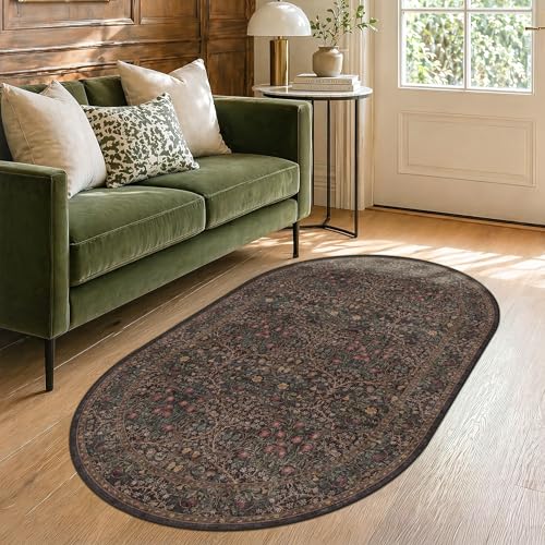 Washable Dark Brown 3x5 Oval Area Rug for Entryway, Small Oval Rugs for Bathroom, Kitchen, Reading Corner, Laundry Room, Mudroom, Non-Slip Stain Resistant Low Pile Throw Rug Indoor Door Mat - color: Dark Brown, size: 3' x 5' (Oval)
