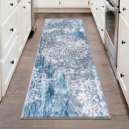 HEBE Hallway Runner Rug 2'x5', Washable Non Slip Kitchen Rug Runner | Soft Boho Bedroom Runner Rug, Vintage Distressed Low-Pile Floor Carpet Runners for Hallway, Entrance, Bathroom, Laundry - color: Blue/Grey, size: 2' x 5' (Rectangular)