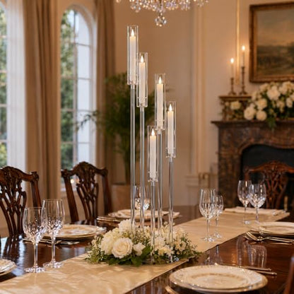 2pcs 5-Arm Acrylic Candelabra Centerpieces for Tables, Sturdy Solid Rods 45.7" Tall Floor Candle Holders Set for Wedding Birthday Party Home Decor, Fits 0.8" LED Taper Candles, Clear