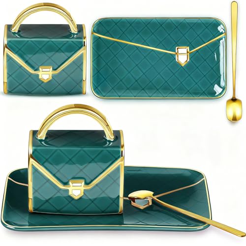Zubebe 1 Set Coffee Mug Elegant Handbag Shaped Cup Modern Ceramic Purse Mug with Spoon and Saucer, 10oz Cute Creative Tea Cup for Woman Girls Gift (Dark Green) - color: Dark Green