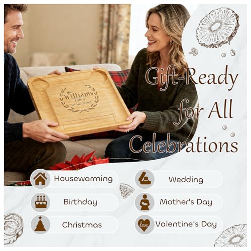 Personalized Charcuterie Board Set, Ideal Gift for Wedding, Housewarming, Holiday & Birthday, Natural Bamboo Cheese Board with Round Tray & Complete Knife Set