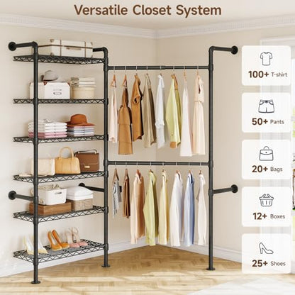 L2 Wall Mounted Closet System, Industrial Pipe Clothing Rack, Black | Metal Clothes Rack with 2 Telescopic Rods & 6 Shelves, Heavy Duty Closet Organizers for Wardrobe, Reach-in & Walk-in Closets - color: Black