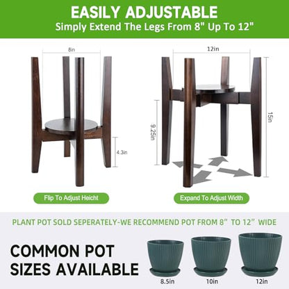 2 Packs Adjustable Plant Stand with Tray,Indoor Wood Plant Stand Fit 8'' to 12'' Planter,Mid Century Modern Flower Pot Holder Rack(Plant and Pot Not Included) Walnut - color: Walnut, size: 2 PACKS