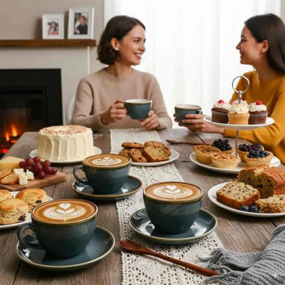 SHUER Ceramic Cappuccino Cup Set of 4, 7.8 OZ Cups and Saucers Set,Coffee Mocha Cup Sets,Black Coffee Cups and Glaze Americano Mugs Great for Party and Low Tea Time (Blue 220ml) - size: Small(220ml)