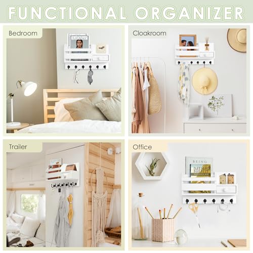 VIS'V Key Holder Wall Mount, Wooden Mail and Key Organizer, White | Contains Little Drawer, Small Shelf, 2 Slots, 6 Hooks, for Entryway, Hallway, Doorway, Kitchen, Garage, RV - color: White