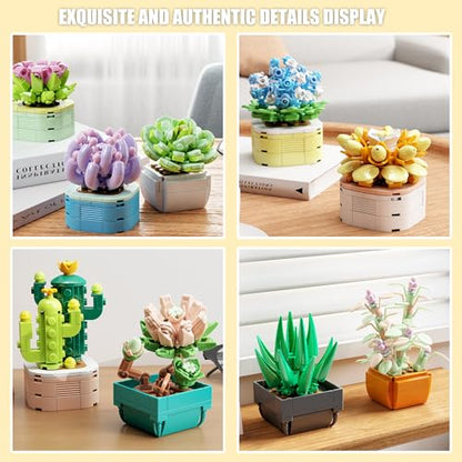 TYCOLE 9 in 1 Tiny Flowers Succulents Artificial Plant Set-Creative Botanical Building Block Toy, Botanical Collection for Office&Home Decor, Birthday Gift for Adults and Kids 8-12(832 PCS)