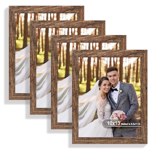 Hongkee 10x13 Picture Frame Set of 4, Made of Real Glass and Rustic Brown Frame, 10 by 13 Photo for Wall or Tabletop - Display Picture 8.5x11 with Mat or 10x13 Without Mat - color: Rustic Brown, size: 10x13 in