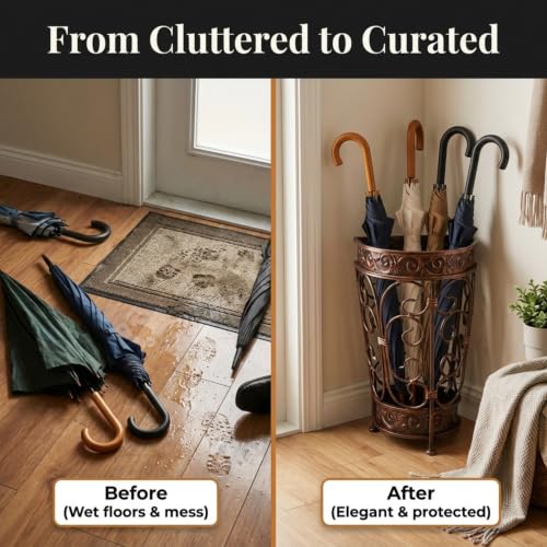 Super Quality Umbrella Stand, Umbrella Holder, Antique Look Metal, Entry Hallway Décor, Wallside Style, with Removable Drip Tray (Gold Brown) - size: Gold Brown