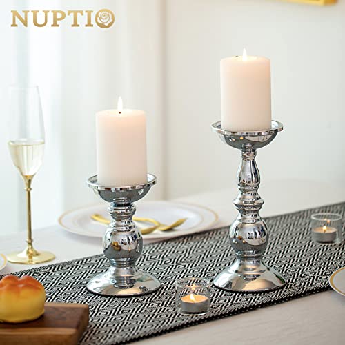 Nuptio Pillar Candle Holders Metal Candle Holder Ideal for 3 inches Candles, Silver Candle Holder for Living Room, Gardens, Spa, Aromatherapy, Incense Cones, Wedding, Party, 2 Pcs | (S + L) Metal Candle Holder for Living Room Gardens Spa Aromatherapy Ince