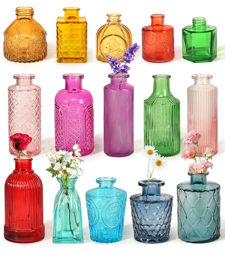 Set of 15 Colorful Glass Bud Vases Small Textured Flower Vases | Retro Bulk Vases for Wedding Table Centerpieces Home Decor DIY Events Gifts - color: Colorful