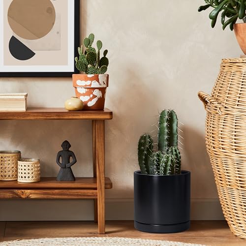 D'vine Dev 8.2 Inch Ceramic Planter Pot, Black, 94-O-D-2 | Modern Cylinder Design, Drainage Hole & Saucer Included, Stable Structure, Elegant Home Accent - color: Black, size: Medium