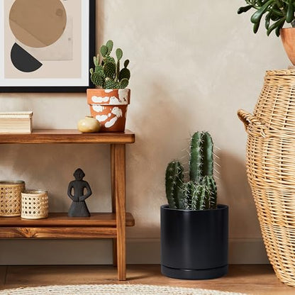 D'vine Dev 8.2 Inch Ceramic Planter Pot, Black, 94-O-D-2 | Modern Cylinder Design, Drainage Hole & Saucer Included, Stable Structure, Elegant Home Accent - color: Black, size: Medium