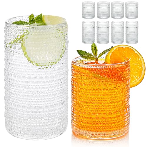 Vintage Hobnail Drinking Glasses Set of 8, Clear Glass 12oz & 16oz Highball Cups, Embossed Water Tumbler for Beer, Cocktail, Whiskey, Juice