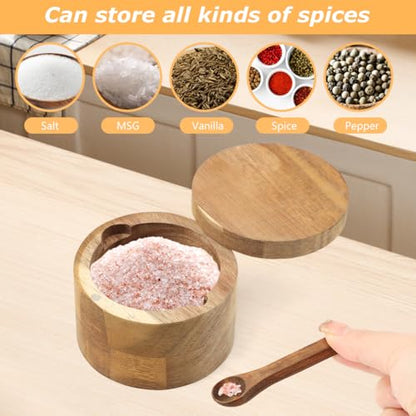 Saycker Wood Salt and Pepper Bowl, with Swivel Lid and Spoon Round Salt Container Spices Storage Box(7cm/2.76inch Dia) - color: S
