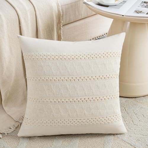 Fancy Homi Set of 1 Boho Cream Decorative Throw Pillow Cover 16x16 Inch for Couch Bed Sofa, Aesthetic Modern Organic Farmhouse Home Decor, Soft Cotton Cute Accent Macrame Woven Cushion Case - color: Cream, size: 16" x 16" (Pack of 1)