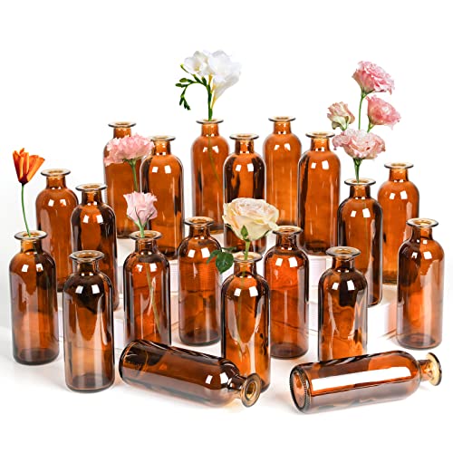 Amber Glass Bud Vase, 20 Pack 8 Oz Living Bud Vases, Small Vases for Flowers, Decorative Amber Bottles for Table Centerpiece, Home Decor, Office, Wedding Reception, Vintage Style - color: Brown