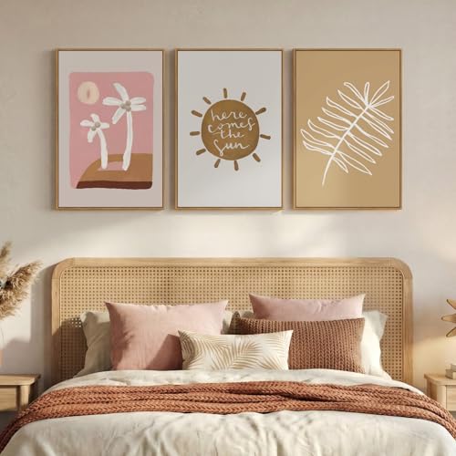 Framed Pink Brown Boho Wall Art Bedroom, 3 Piece Summer Neutral Palm Tree Canvas Prints Artwork for Walls, Tropical Coastal Botanical Sun Paintings for Bathroom Nursery Girl Room Wall Decor, 16x24 In - color: Pink and Neutral, size: 16" W x 24" H x 3Pcs