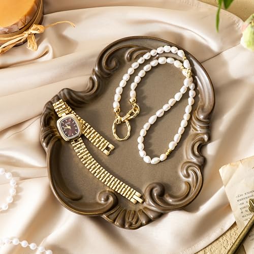 LYEOBOH Jewelry Dish Tray, Ceramic Jewelry Dish, Key Bowl, Decorative Plate, Gifts for Women Best Friend Sister, Retro, Vintage, on Mother's Day, Valentine's Day Christmas, Wedding Gifts, Brown - color: Brown