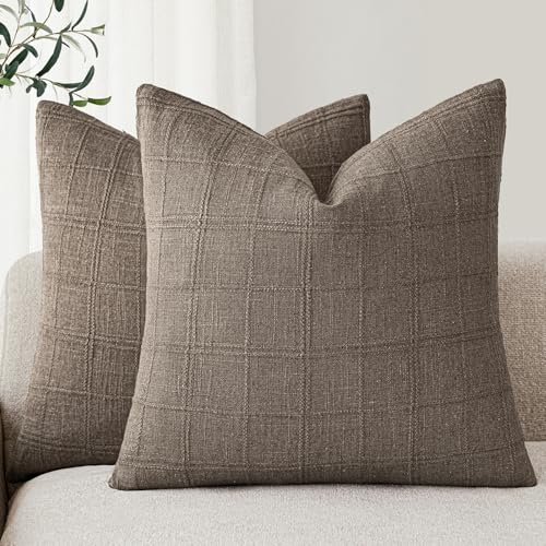 Foindtower Set of 2 Decorative Linen Check Throw Pillow Covers Neutral Farmhouse Vintage Cushion Covers Modern Boho Home Decor for Sofa Chair Couch Bedroom Living Room,16×16 Inch,Taupe Grey - color: Taupe Grey, size: 16" x 16" (Pack of 2)