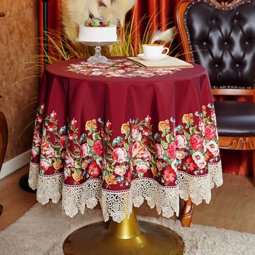 SUTAVIA Floral Tablecloths 60" Round Embroidery Rose Lace Burgundy | Vintage Country Waterproof Table Cloth Farmhouse Decoration Washable Table Cover for Home Holiday Party Dining Table - color: Burgundy, size: 60" (Round)