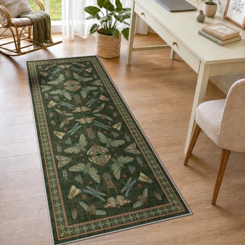 Arenarug Runner Rug 2x6 Non Slip Kitchen Rugs Washable Insect Boho Runner Rugs Soft Indoor Floor Mat for Hallways, Laundry, Bathroom, Bedroom, Dark Green - color: Dark Green, size: 2'x6'
