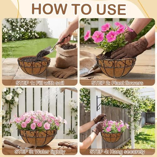 2 Pack 10 inch Metal Hanging Baskets for Plants, Round Metal Wire Hanging Basket Planter with Coco Fiber Liners Chain for Garden Home Porch Patio, Flower Border - size: 10" x 2 Pack, style: Flower Border