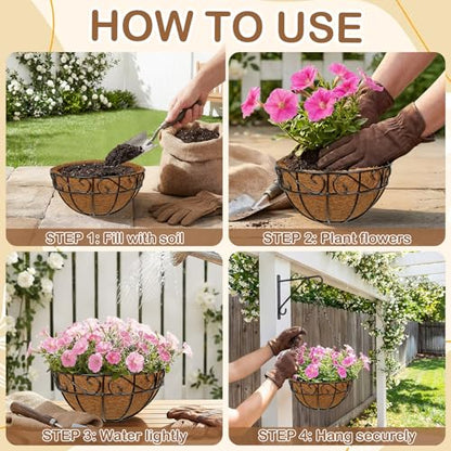 6 Pack 10 inch Metal Hanging Baskets for Plants, Round Metal Wire Hanging Basket Planter with Coco Fiber Liners Chain for Garden Home Porch Patio, Flower Border - size: 10" x 6 Pack, style: Flower Border