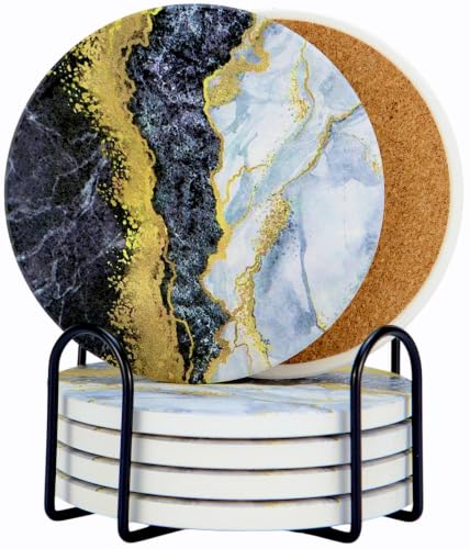 Ceramic Drink Coasters Set of 6 with Holder, Absorbent Coasters with Cork Backing for Coffee Table, Surface Protection, Home Decor and Housewarming Gift (Golden River) - color: Golden River