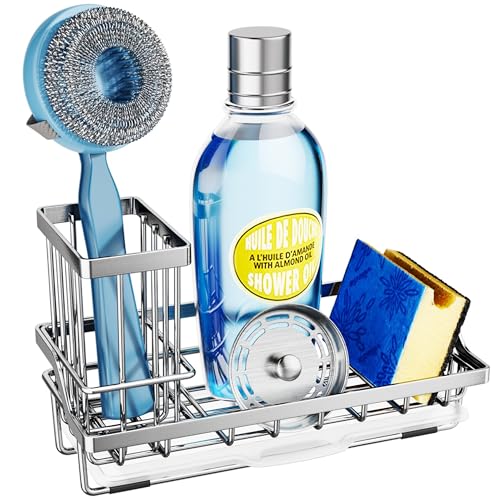 SWTYMIKI Kitchen Sink Caddy Sponge Holder, Kitchen Sink Organzier and Storage with High Brush Holder and Drip Tray for Dish Sponges, Silver - color: Silver, size: Medium