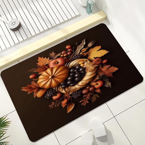 Autumn Harvest Bath Mats 36x60 in for Bathroom, Thanksgiving Floor Mat | Pumpkin Maple Leaves Bathmat Diatomaceous Earth, Non Slip Quick Dry Absorbent Washable Rug for Toilet Kitchen - color: Brown, size: 36x60 inch