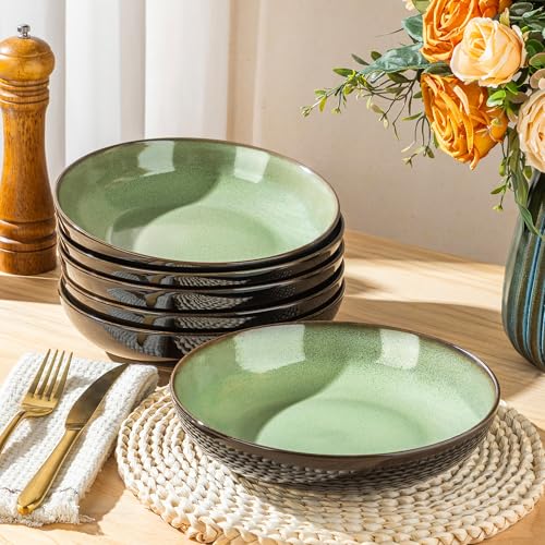 LERATIO 9.0" Ceramic Pasta Bowls Set of 6,38oz Large Stoneware Bowls Set | Reactive Glaze Serving Bowls Set,Wide Bowl for Pasta,Salad,Fruit & Noodles,Housewarming & Wedding Gift-Light Green - color: Light Green, size: Set of 6