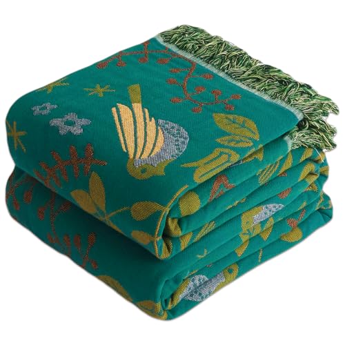 Boho Throw Blanket for Bed Couch 100% Cotton Woven Bed Throws for All Season Lightweight and Soft Cozy Farmhouse Reversible Muslin Decorative Blanket for Travel Picnic, Teal/Cream, 60''x80'' | 4-Layer Breathable Muslin Blanket,100% Organic Cotton Soft Lig