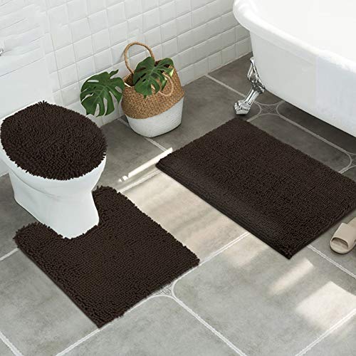 Standard 3pc Non-Slip Shaggy Chenille Bathroom Mat Set, Includes 24"x21" U-Shaped Contour Toilet Rug, 34"x21" Bathmat and 1 Toilet Lid Cover, Chocolate Brown - color: Chocolate Brown, size: 24''x21’’, 34’’x21’’ and TLC (Set)