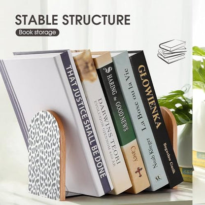 Personalized Wood Book Ends Metal Base Gray Leopard Print Pattern Printing Bookend Modern Heavy Duty Bookends for Home Or Office 1 Pair - color: Gray Leopard Print Pattern