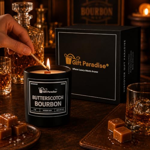 Butterscotch Bourbon Candle – 7 oz Soy Wax Wood Wick with Magnetic Gift Box, Warm Caramel Vanilla Bourbon Scent, Cozy Dessert for Home Décor, Relaxation, Fall Gifts & Housewarming