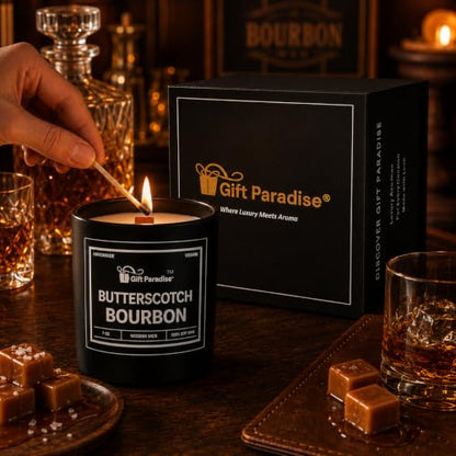 Butterscotch Bourbon Candle – 7 oz Soy Wax Wood Wick with Magnetic Gift Box, Warm Caramel Vanilla Bourbon Scent, Cozy Dessert for Home Décor, Relaxation, Fall Gifts & Housewarming