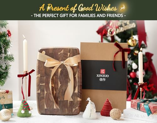 XINZUO Small Acacia Wood End-Grain Kitchen Cutting and Serving Board, for Kitchen, 14" x 9" Reversible Wooden Chopping Board for Meat, Cheese, Fruit & Vegetables,Easy to Clean(Rectangular) - size: 14.1"L x 9.4"W